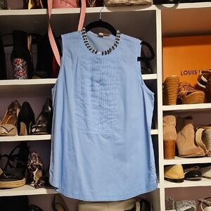 J. Crew Light Blue Sleeveless Blouse with Embellished Neckline